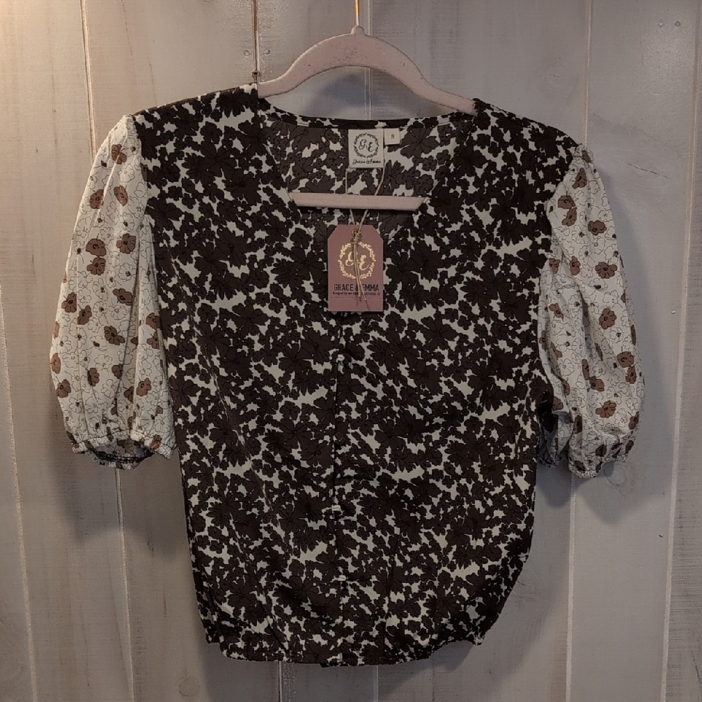 Women's Brown and White Floral Top
